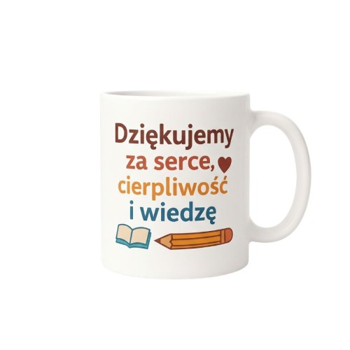 Kubek z kolorowym napisem Dziękujemy za serce, cierpliwość i wiedzę z książką i ołówkiem