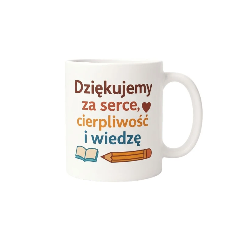 Kubek z kolorowym napisem Dziękujemy za serce, cierpliwość i wiedzę z książką i ołówkiem