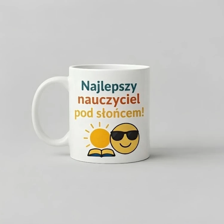 Kubek z uśmiechniętą buźką w okularach i napisem Najlepszy nauczyciel pod słońcem