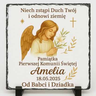 alt="Pamiątka Pierwszej Komunii Świętej dla dziewczynki – granit z aniołem i personalizacją"