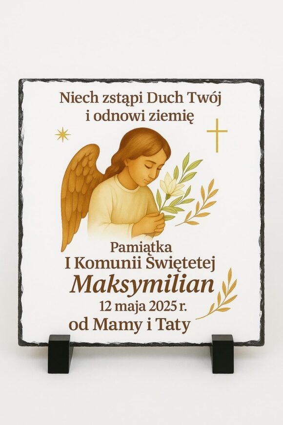 alt="Foto-granit komunijny 15x15 cm – pamiątka dla chłopca z imieniem"