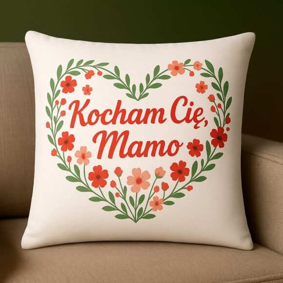 alt="Poduszka Kocham Cię Mamo – z czerwonym napisem i sercem z liści"