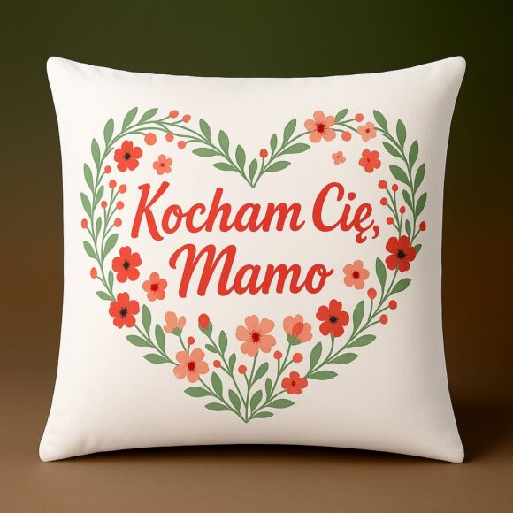 alt="Prezent na Dzień Matki – romantyczna poduszka z napisem Kocham Cię, Mamo"