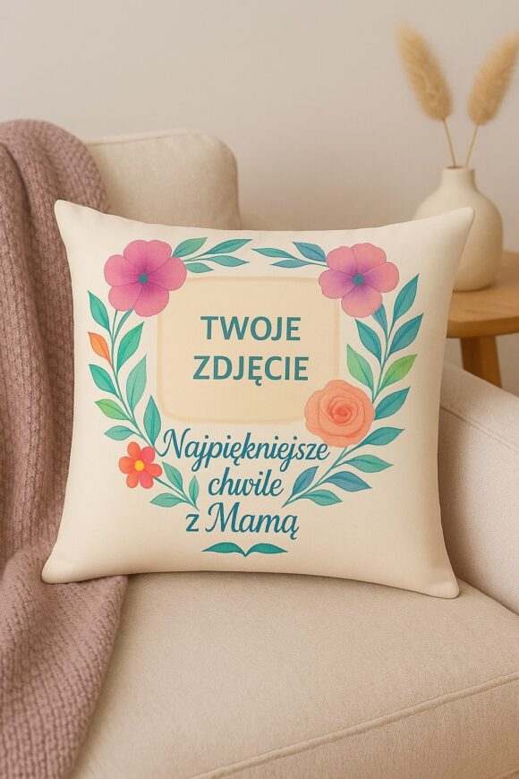 alt="Personalizowana poduszka z miejscem na zdjęcie dla mamy – pastelowy wzór"
