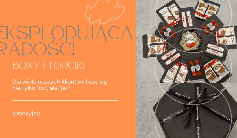 alt="Baner z napisem Eksplodująca Radość – Boxy i Torciki od BoxyJoy. Obok zdjęcie rozłożonego exploding boxa z czekoladkami Kinder, opakowany elegancko w czarne pudełko z napisem Happy Everyday. Idealny prezent na Komunię, Dzień Matki i Dzień Dziecka."
