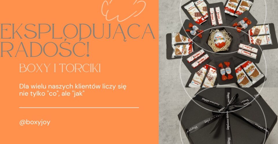 alt="Baner z napisem Eksplodująca Radość – Boxy i Torciki od BoxyJoy. Obok zdjęcie rozłożonego exploding boxa z czekoladkami Kinder, opakowany elegancko w czarne pudełko z napisem Happy Everyday. Idealny prezent na Komunię, Dzień Matki i Dzień Dziecka."