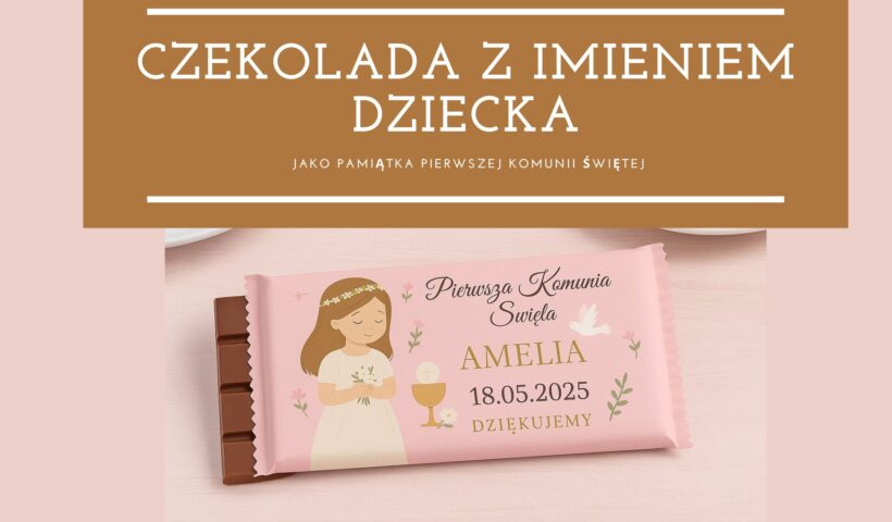 alt="Personalizowana czekolada z imieniem dziecka jako pamiątka Pierwszej Komunii Świętej – eleganckie opakowanie z grafiką dziewczynki i datą uroczystości, produkt od BoxyJoy"