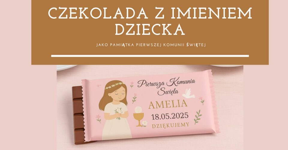 alt="Personalizowana czekolada z imieniem dziecka jako pamiątka Pierwszej Komunii Świętej – eleganckie opakowanie z grafiką dziewczynki i datą uroczystości, produkt od BoxyJoy"
