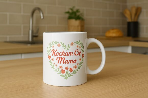 alt="Kubek z napisem Kocham Cię Mamo stojący na kuchennym blacie – idealny prezent dla mamy"
