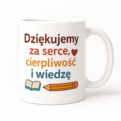 Produkt przedstawia biały, błyszczący kubek z nadrukiem w ciepłych kolorach – idealny na zakończenie roku szkolnego. Widoczny napis wyraża wdzięczność, a minimalistyczne tło nadaje mu elegancki charakter.