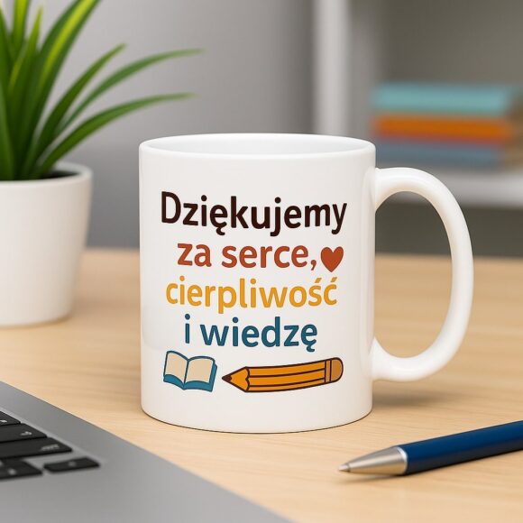 Kubek z napisem dla nauczyciela ustawiony na biurku w otoczeniu długopisu i doniczki z rośliną, co nadaje mu ciepły i domowy charakter. Idealny zarówno na Dzień Nauczyciela, jak i prezent klasowy.