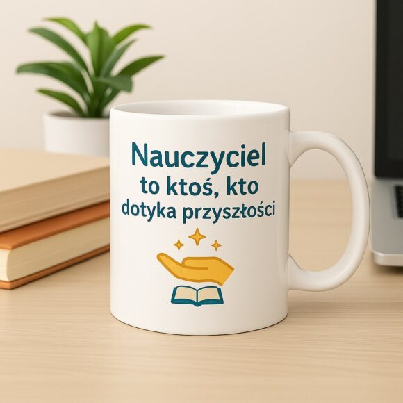 Ceramiczny kubek z cytatem ustawiony na biurku obok książek i rośliny – symbol wdzięczności i inspiracji.