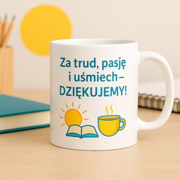 Kubek z podziękowaniem dla nauczyciela ustawiony na biurku obok książek i przyborów – gotowy do wręczenia
