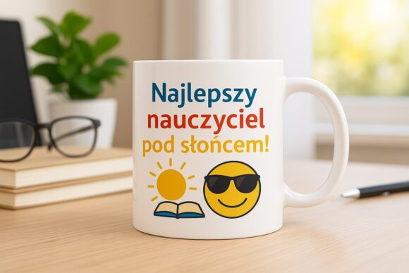 Kubek z kolorowym nadrukiem ustawiony na biurku obok książek i okularów – prezent gotowy do wręczenia nauczycielowi