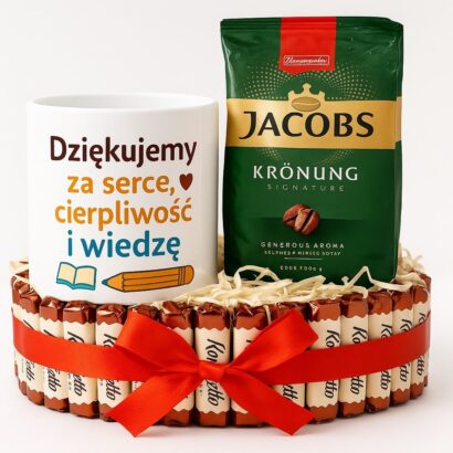 Elegancki torcik z 38 czekoladkami Konafetto, kubkiem z napisem i kawą Jacobs – gotowy prezent dla nauczyciela.