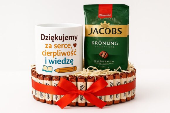 Elegancki torcik z 38 czekoladkami Konafetto, kubkiem z napisem i kawą Jacobs – gotowy prezent dla nauczyciela.