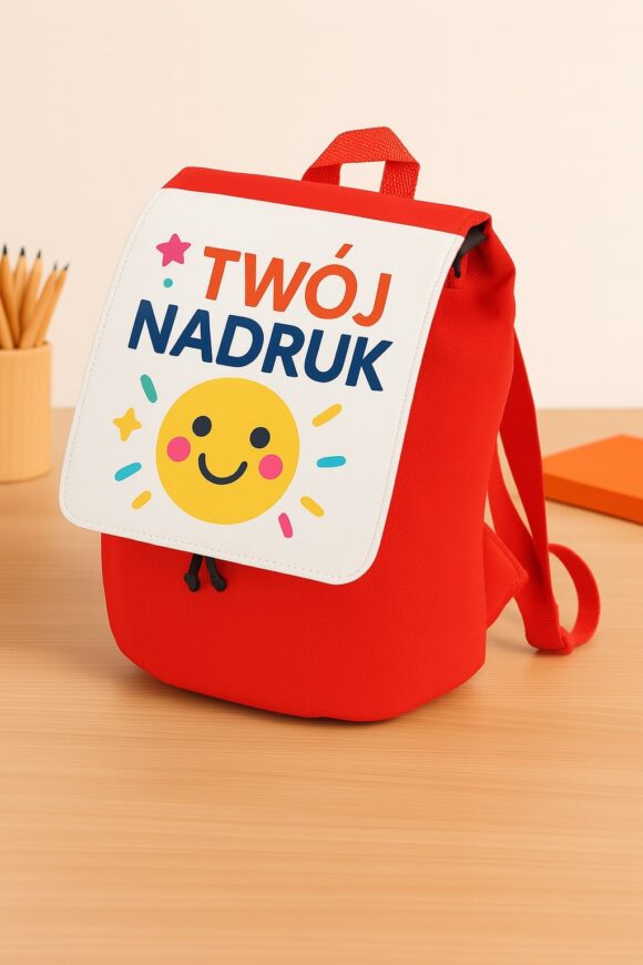 Plecak dziecięcy w intensywnie czerwonym kolorze z klapką do nadruku, ustawiony na drewnianym biurku z kredkami w tle – widok z przodu pod kątem