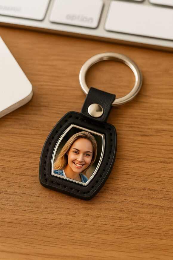 Personalizowany czarny brelok skórzano-metalowy ze zdjęciem, idealny do kluczy