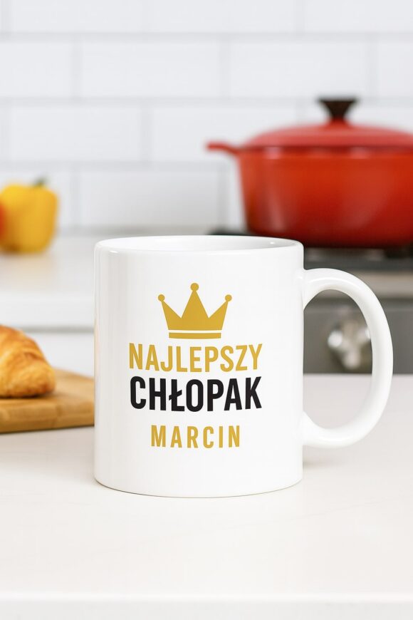 Personalizowany kubek Najlepszy Chłopak Marcin z koroną, biały kubek ceramiczny 330 ml, prezent w kuchni