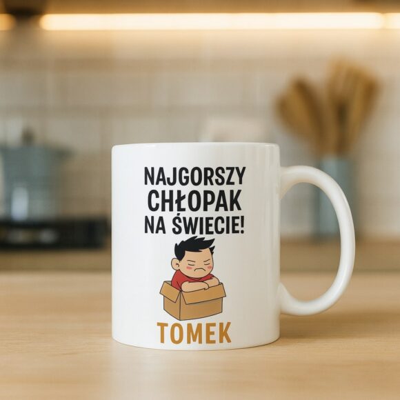 Kubek ceramiczny Najgorszy Chłopak na Świecie z imieniem Tomek, zabawny prezent personalizowany, biały kubek 330 ml