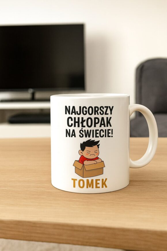 Personalizowany kubek Najgorszy Chłopak na Świecie z nadrukiem i imieniem Tomek, śmieszny prezent na Dzień Chłopaka