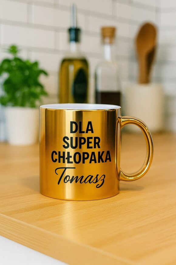 Kubek złoty z napisem „Dla Super Chłopaka Tomasz” ustawiony na blacie kuchennym, w tle butelka oliwy i przybory kuchenne