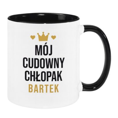 Kubek ceramiczny 330 ml z napisem „Mój cudowny chłopak Bartek” – biały z czarnym uchem i wnętrzem