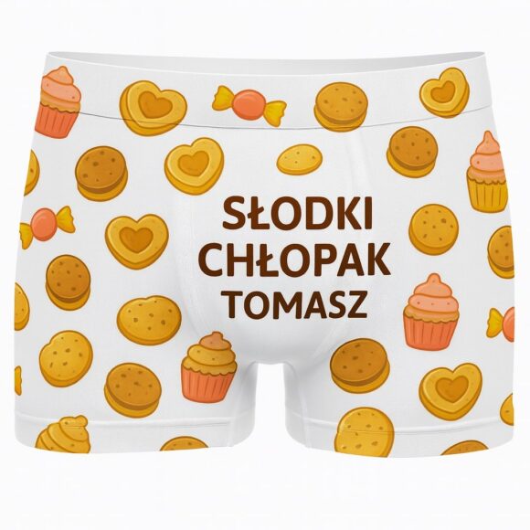 Personalizowane bokserki męskie Słodki Chłopak z nadrukiem imienia, wzór w ciastka i muffinki