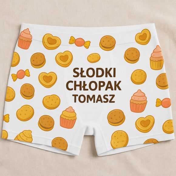 Białe bokserki męskie Słodki Chłopak z imieniem Tomasz, wzór w ciastka, babeczki i cukierki