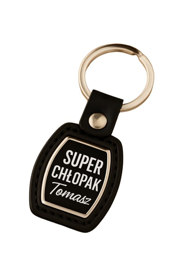 Czarny skórzano-metalowy brelok Super Chłopak Tomasz, personalizowany prezent