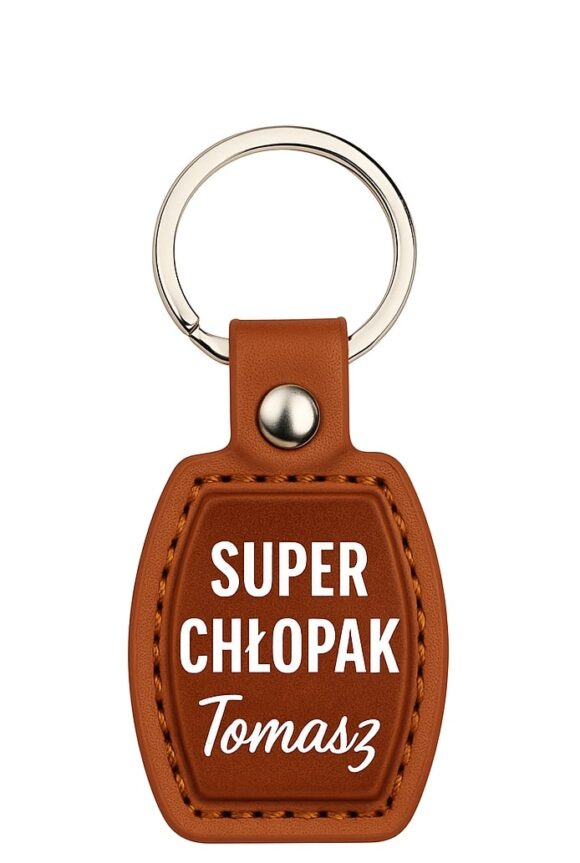 Elegancki brelok skórzano-metalowy w kolorze brązowym z napisem Super Chłopak Tomasz
