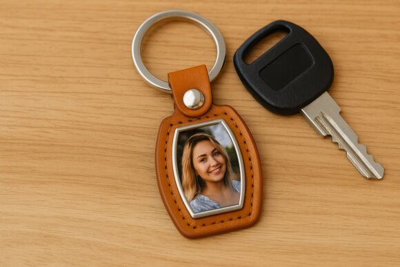 Brązowy brelok skórzano-metalowy ze zdjęciem, personalizowany upominek