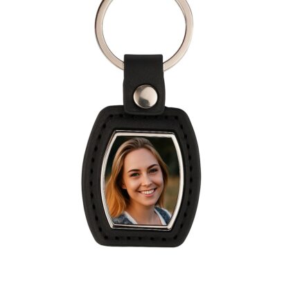 Czarny elegancki brelok skórzano-metalowy ze zdjęciem, personalizowany upominek