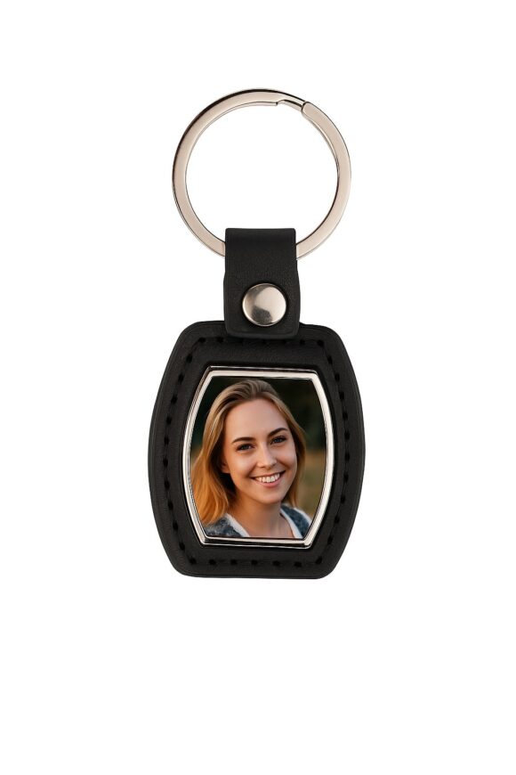 Czarny elegancki brelok skórzano-metalowy ze zdjęciem, personalizowany upominek