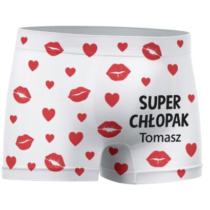 Białe personalizowane bokserki męskie Super Chłopak z nadrukiem imienia