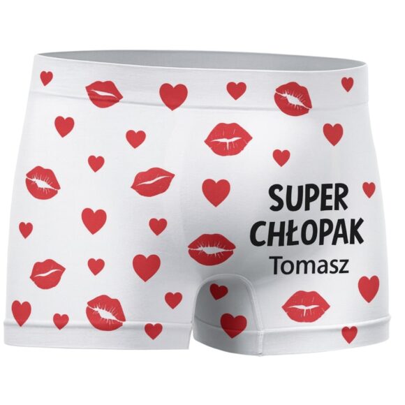 Białe personalizowane bokserki męskie Super Chłopak z nadrukiem imienia