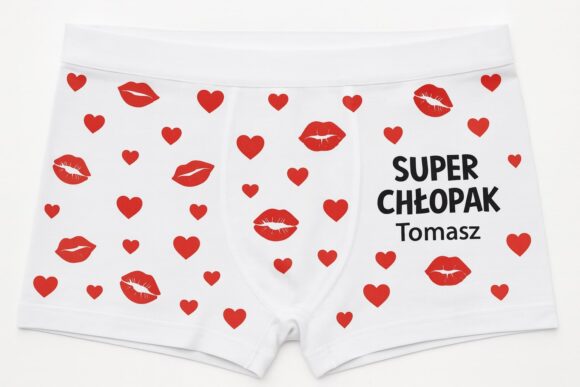 Bezszwowe bokserki męskie białe z nadrukiem Super Chłopak i imieniem