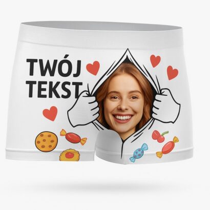 Personalizowane bokserki męskie z nadrukiem Twój Tekst i własnym zdjęciem, wzór z sercami i słodyczami