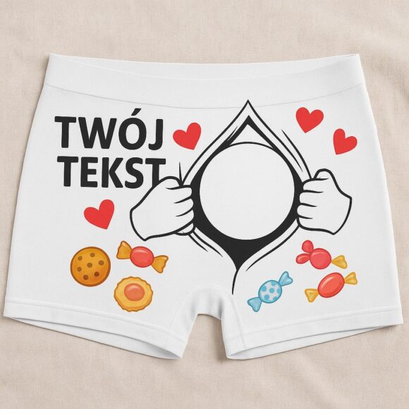 Białe bokserki męskie do personalizacji z napisem Twój Tekst i miejscem na zdjęcie, wzór z sercami i cukierkami